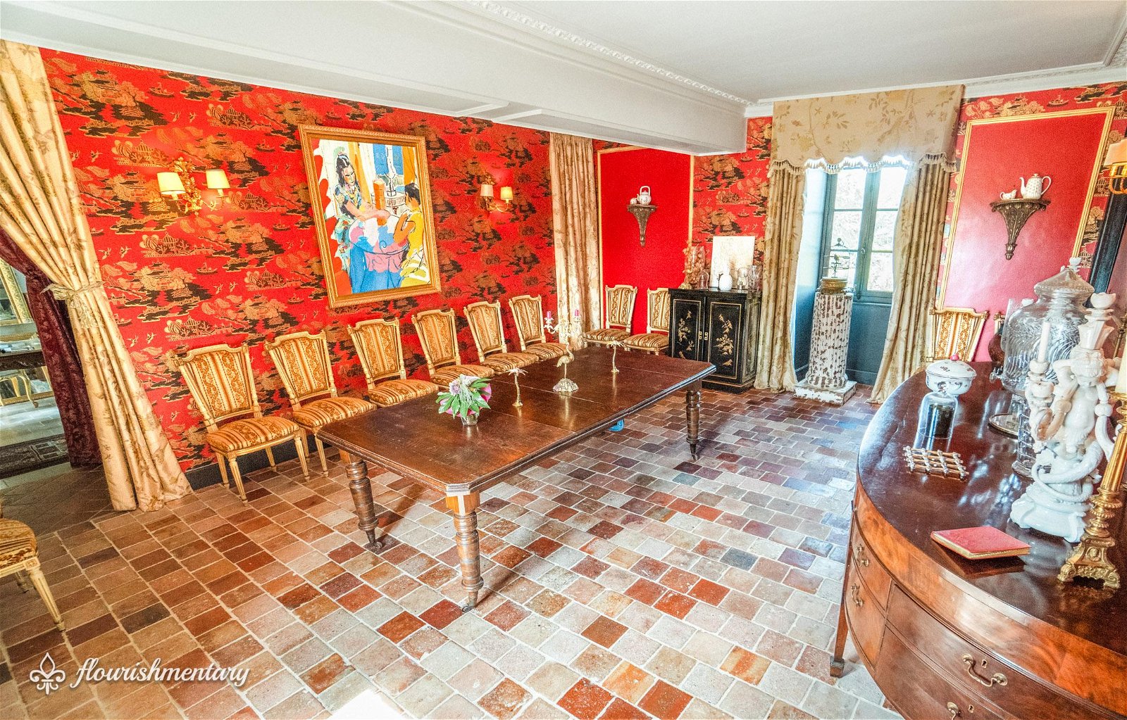 vintage terra cotta tiles in dining room chateau de lalande
